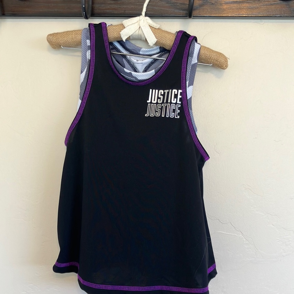 Justice Black and Purple Camo Sports Bra with Attached Tank Top; Size 6.